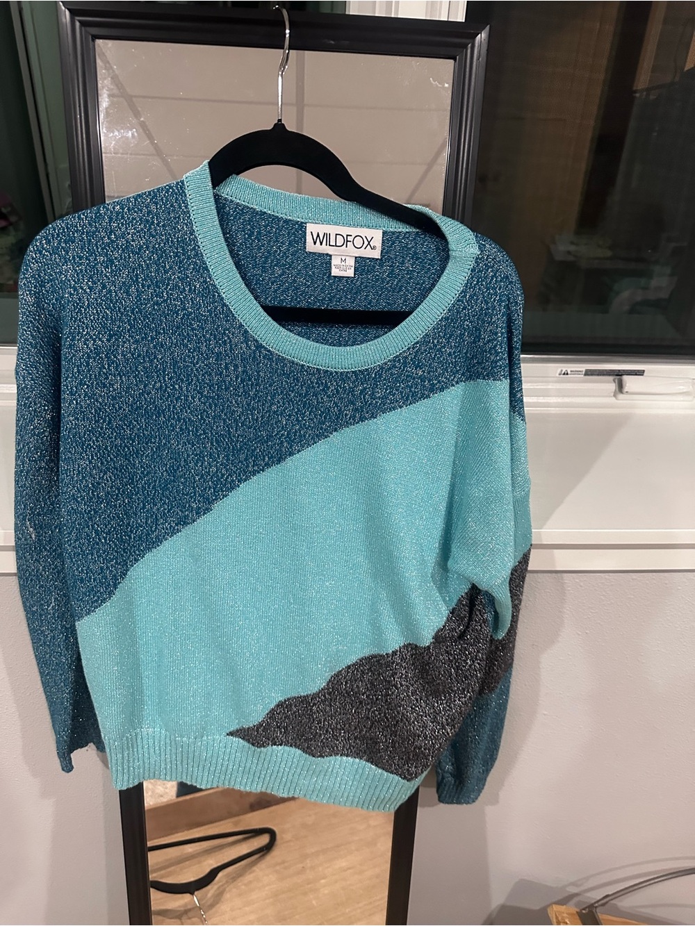 Wildfox Teal, Aqua & Charcoal Colorblock Crewneck Sweater